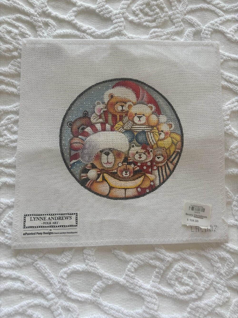 Lynne Andrews Folk Art Christmas Bear Round Needlepoint Hand painted Canvas